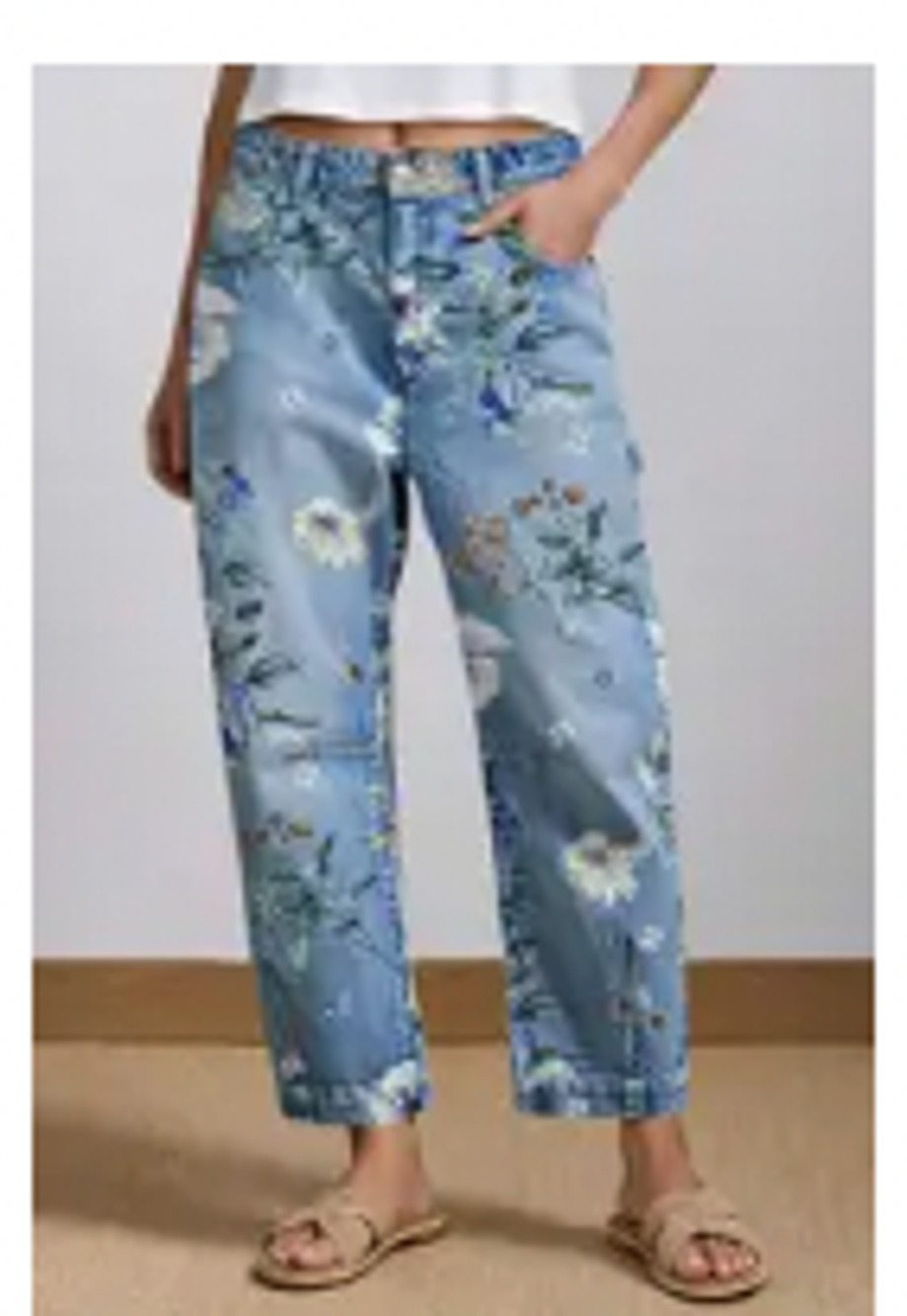 Flemingals Wash Floral Print Flap Pocket Mid Rise Barrel Leg Crop Jeans SZ 2X